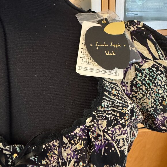 Franche Lippee Sz M black floral print cap sleeve dress Japanese brand - Picture 5 of 7